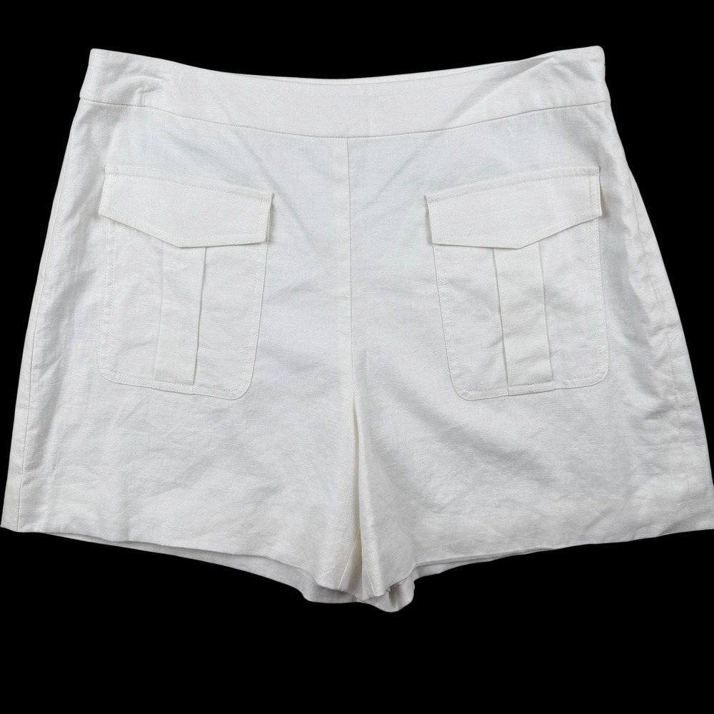 Trina Turk Shorts Womens 6 White Linen Blend Utility Pocket Lined Stretch Zip